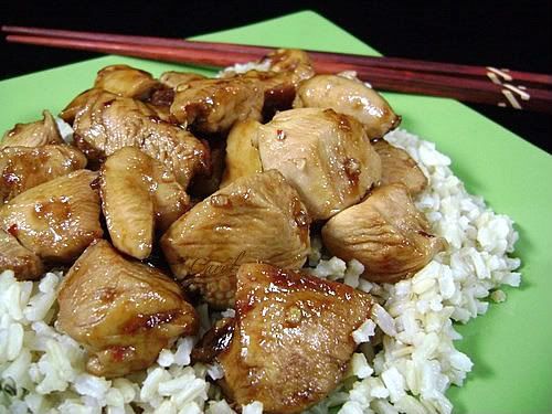 /><br/> <br/> OK, I'll admit it...I've never had Bourbon Chicken. When I saw this recipe, it intrigued me............hmmmmm........and there's no bourbon in it. So what makes it Bourbon Chicken? It doesn't matter-as long as it tastes good!<br/> <br/> This is very quick AND easy recipe to put together. The ingredients in the sauce are an interesting combination....I never would have thought of mixing apple juice and ketchup for a Chinese dish...but it sure does work.<br/> <br/> The aroma of this sauce while it's cooking is intoxicating. It reduces down and coats the chicken in a velvety glaze. The chicken is moist, tender and flavorful. I use the 3/4 tsp. of red pepper flakes because we like heat....I wouldn't say this is overly spicy but you know there's red pepper in it. I'm sure it would be just as good with less red pepper in it, or if you don't like spicy food, you could leave it out all together.<br/> <br/> Add some rice, white or brown, and a your favorite vegetable on the side (we love steamed fresh broccoli with this) and you've got yourself a great meal.<br/> <br/> Once again, a recipe for my 